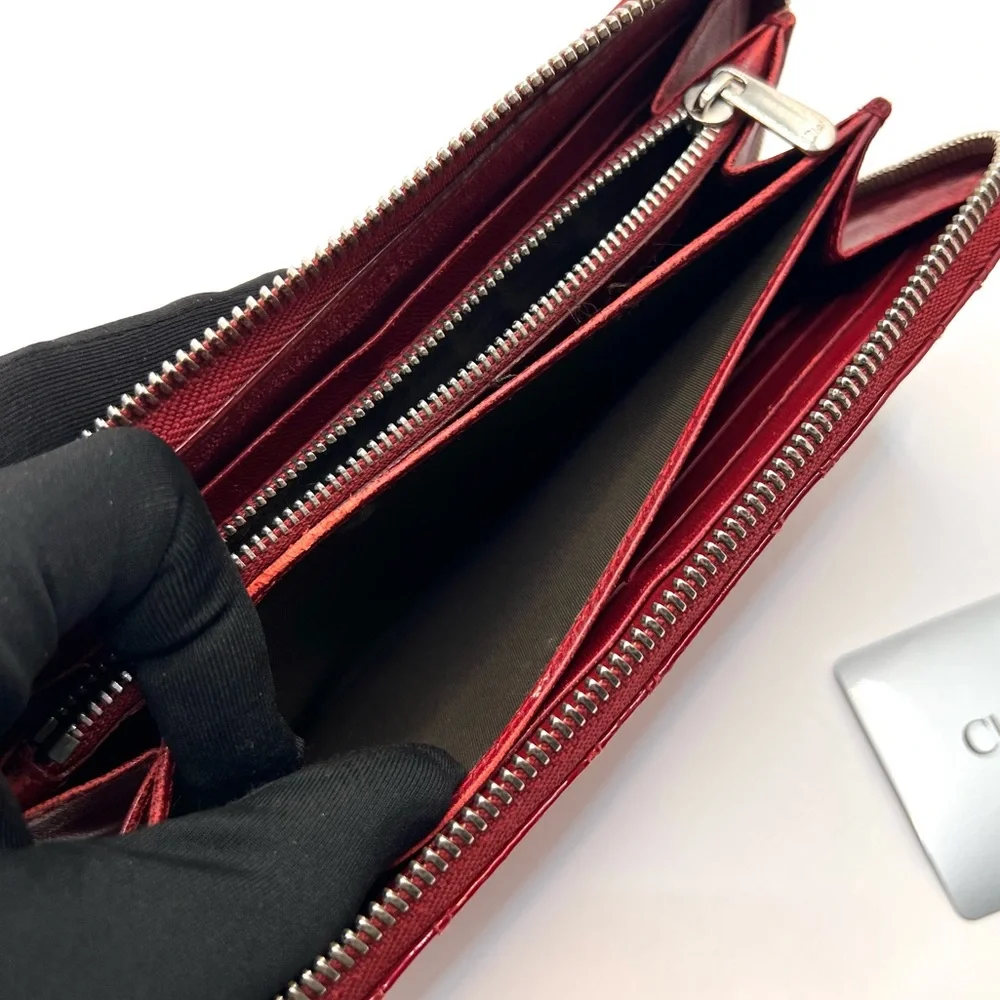 Authentic Christian Dior Cannage Red Patent Leather Zip Long Wallet